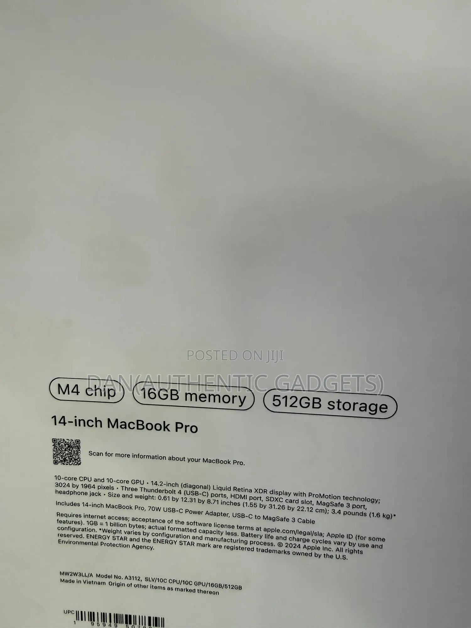 New Laptop Apple MacBook Pro 2024 M4 14-Inch 16GB Apple M4 SSD 512GB