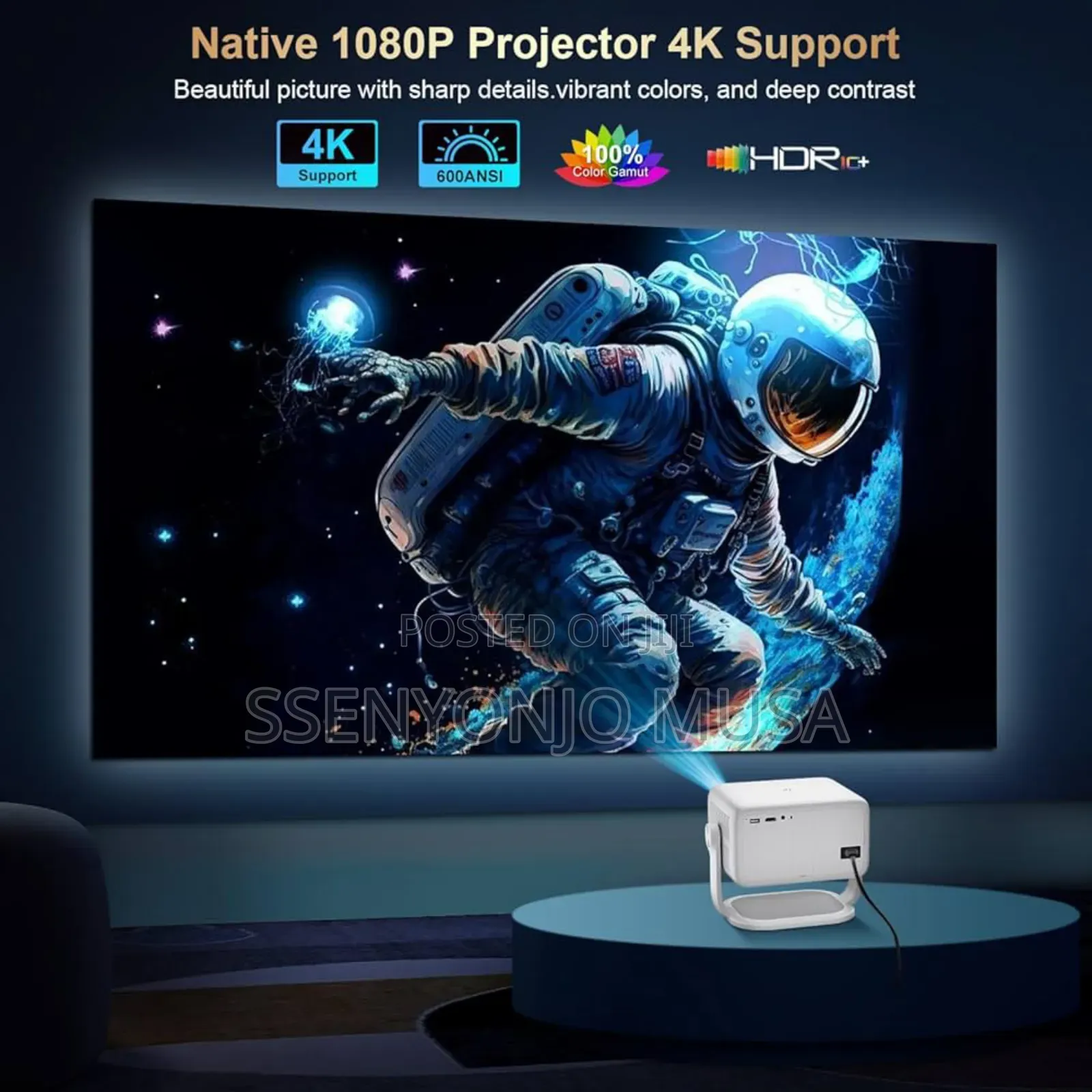 Led Smart Projector 1080p With Wifi Bluetooth – Support, 600 Ansi
