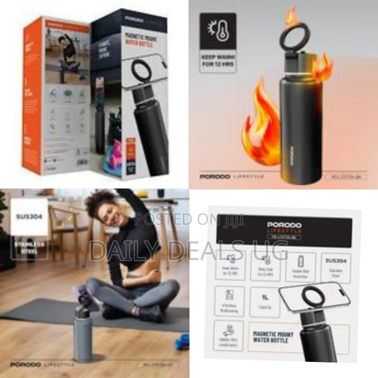 Porodo Lifestyle Magnetic Mount Water Bottle, Double-Wall Insulation