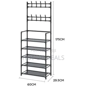 5 Layers Shoe Rack With Coat Hangers - Black ( Not Assembled)