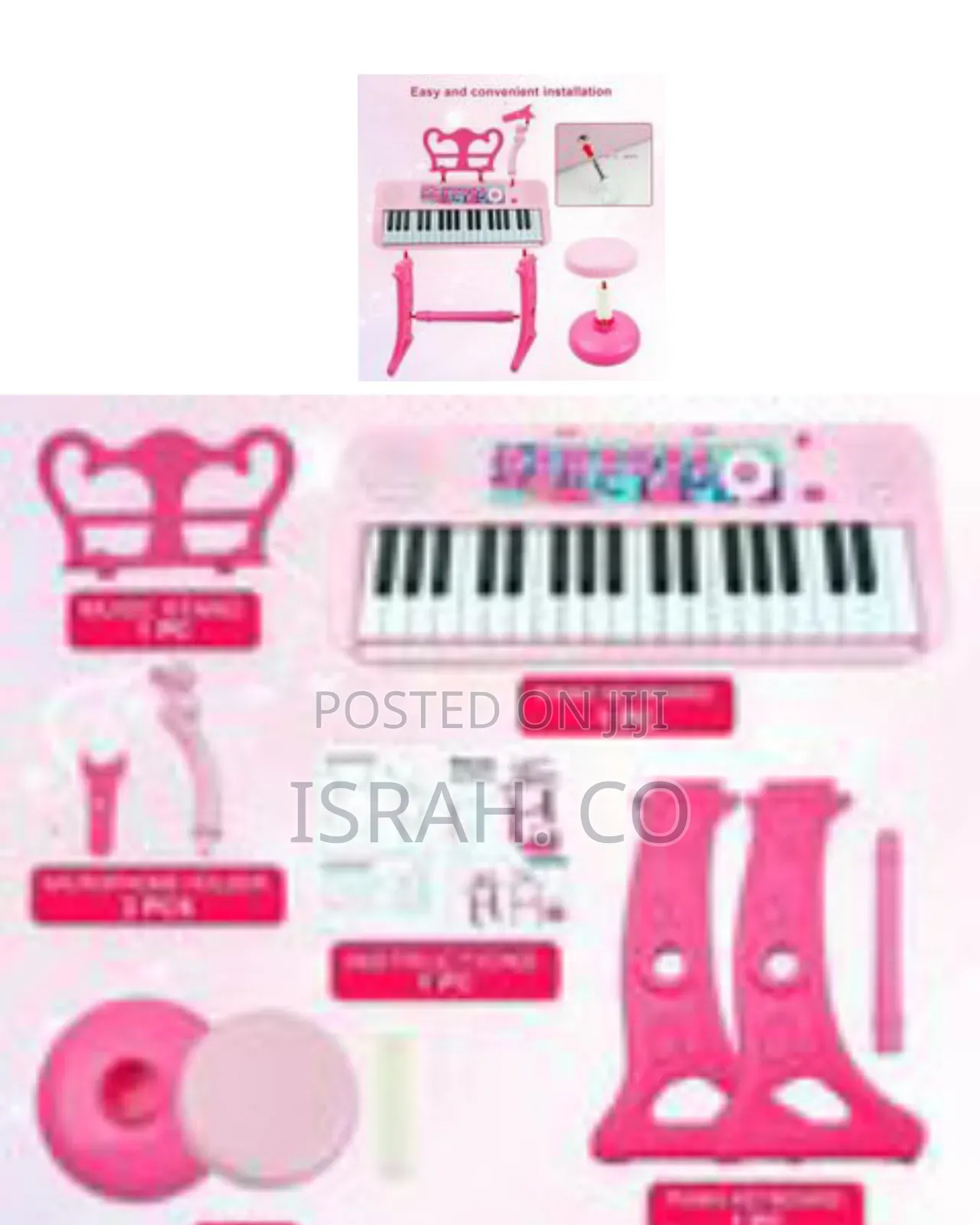 Children's Pink Electronic Piano Keyboard With Microphone and Stool