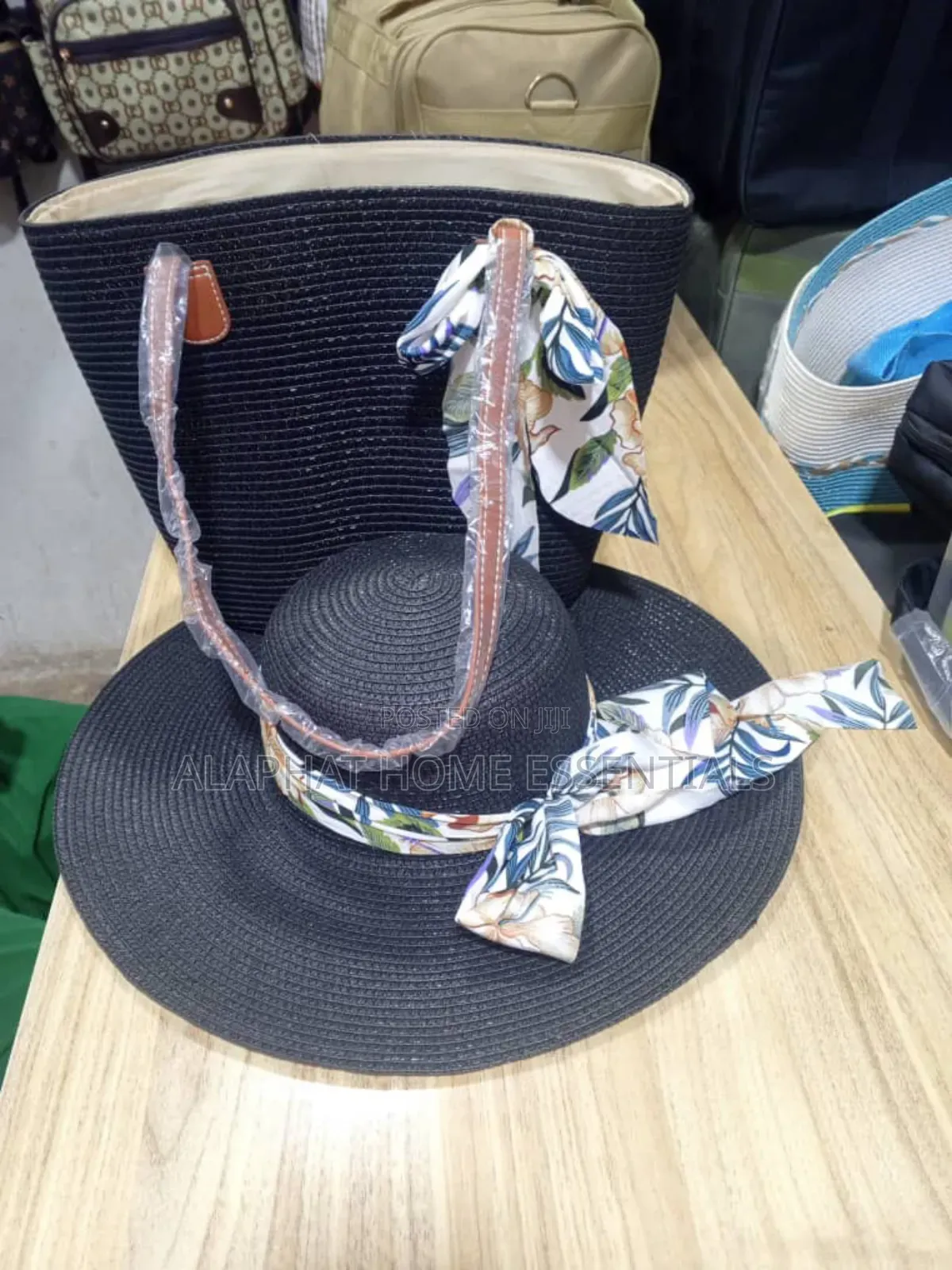 Black Straw Sun Hat And Tote Bag Set
