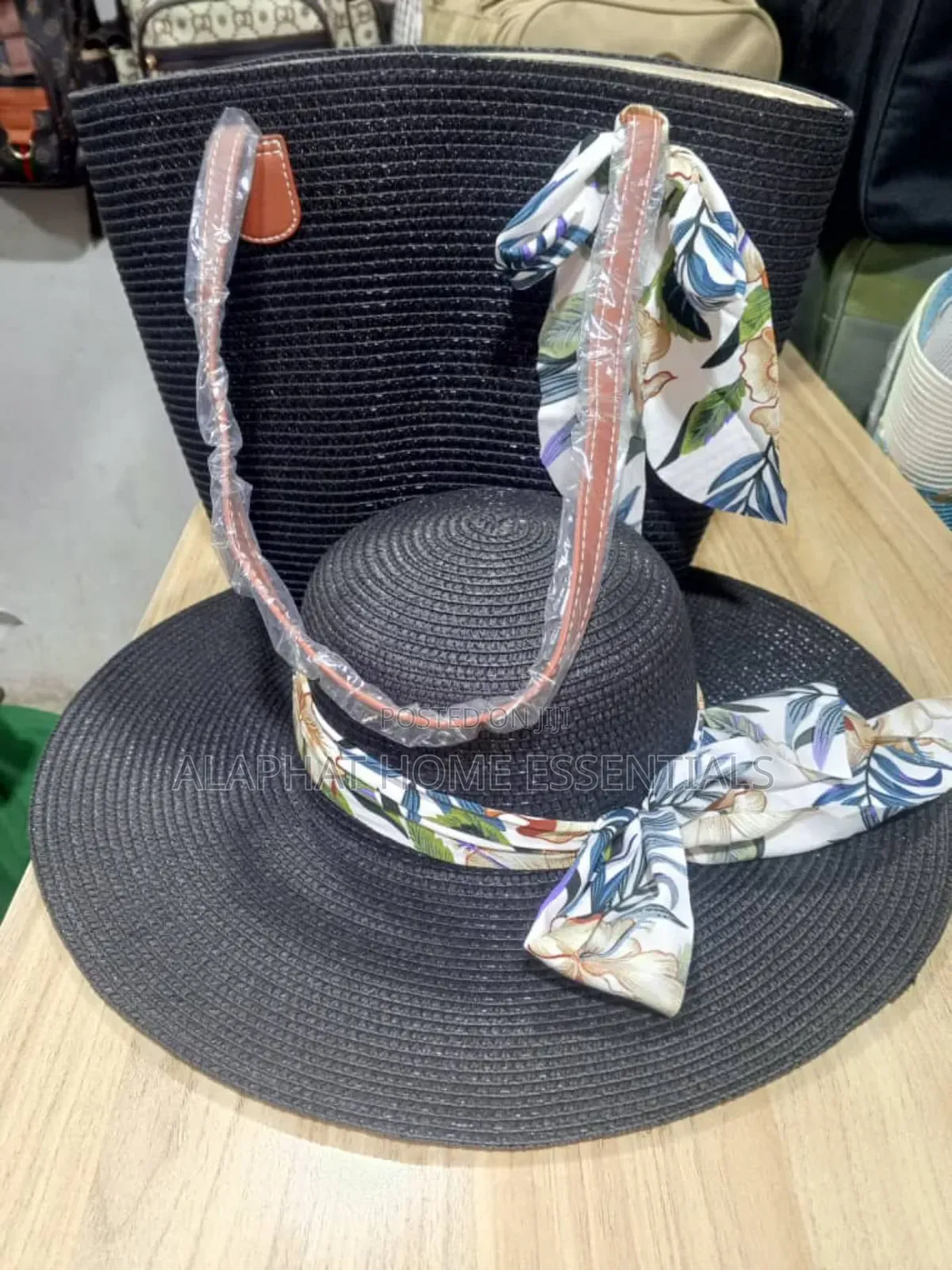 Black Straw Sun Hat And Tote Bag Set