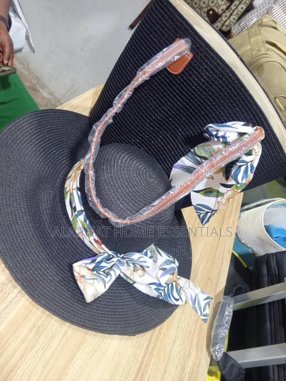 Black Straw Sun Hat And Tote Bag Set