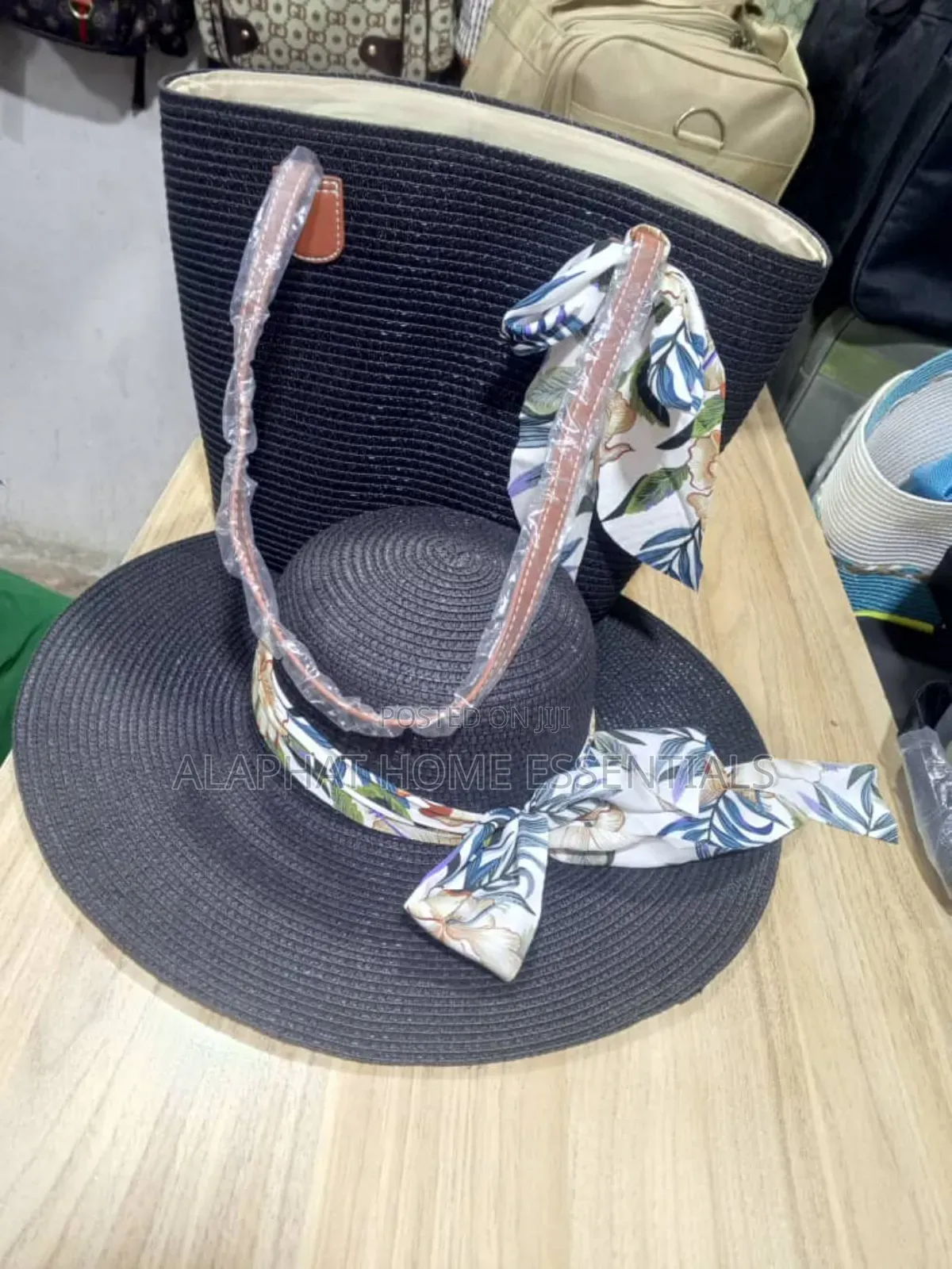 Black Straw Sun Hat And Tote Bag Set