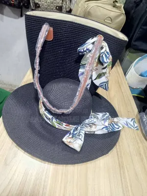 Black Straw Sun Hat And Tote Bag Set