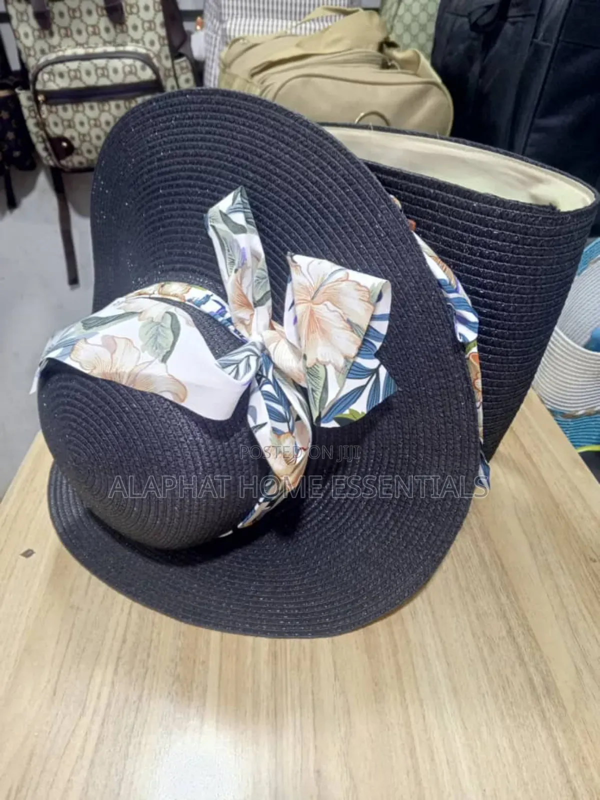 Black Straw Sun Hat And Tote Bag Set