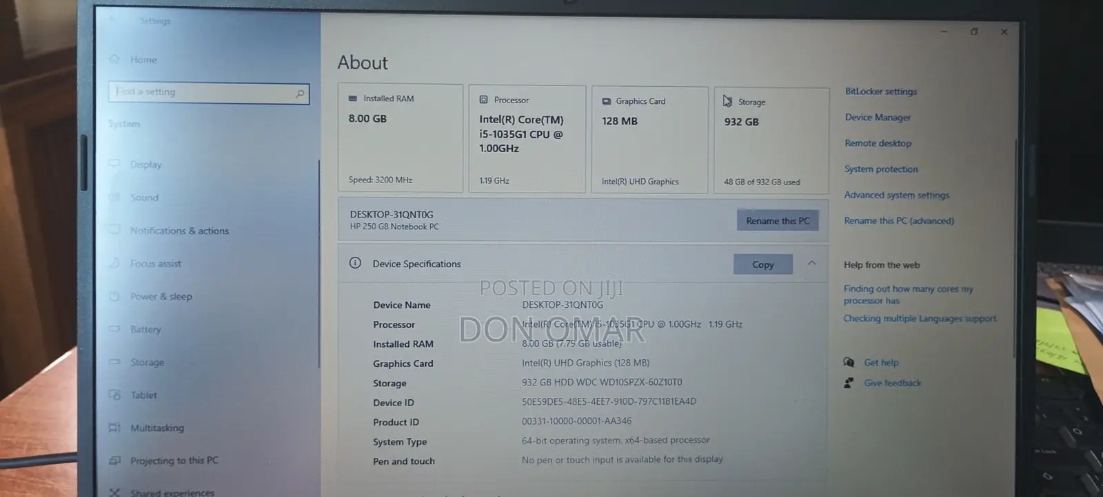 Laptop HP 250 G8 8GB Intel Core I5 HDD+SSD 1T