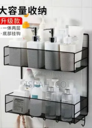 Two-Tier Wall-Mounted Shower Caddy With Mesh Baskets and Hooks