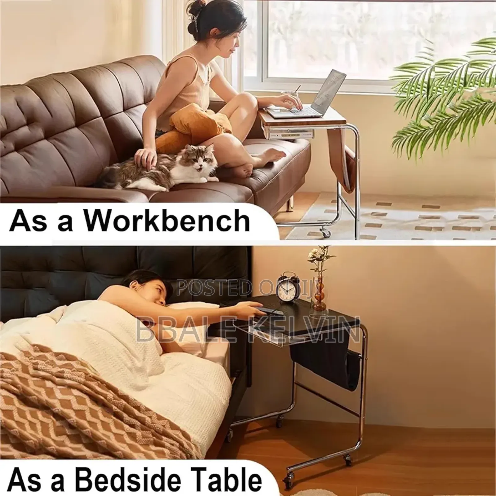 C-Shaped End Table, Sofa Side Table With Rotating Wheels