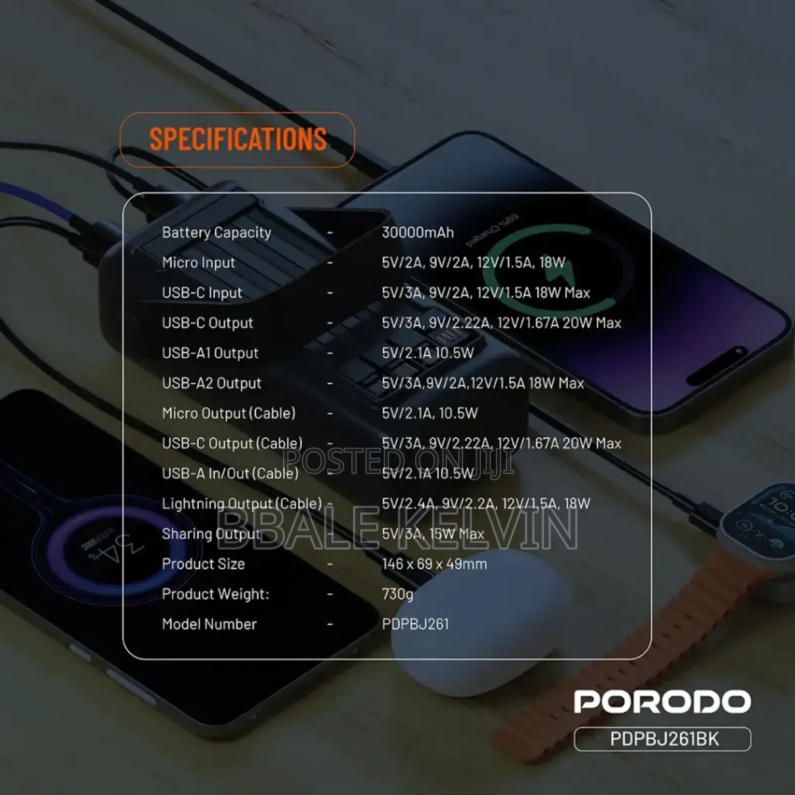 Porodo Lara 30000mah Power Bank With Integrated Cables and Flashlight