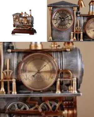 Vintage Locomotive Steampunk Mantel Clock With Thermometer