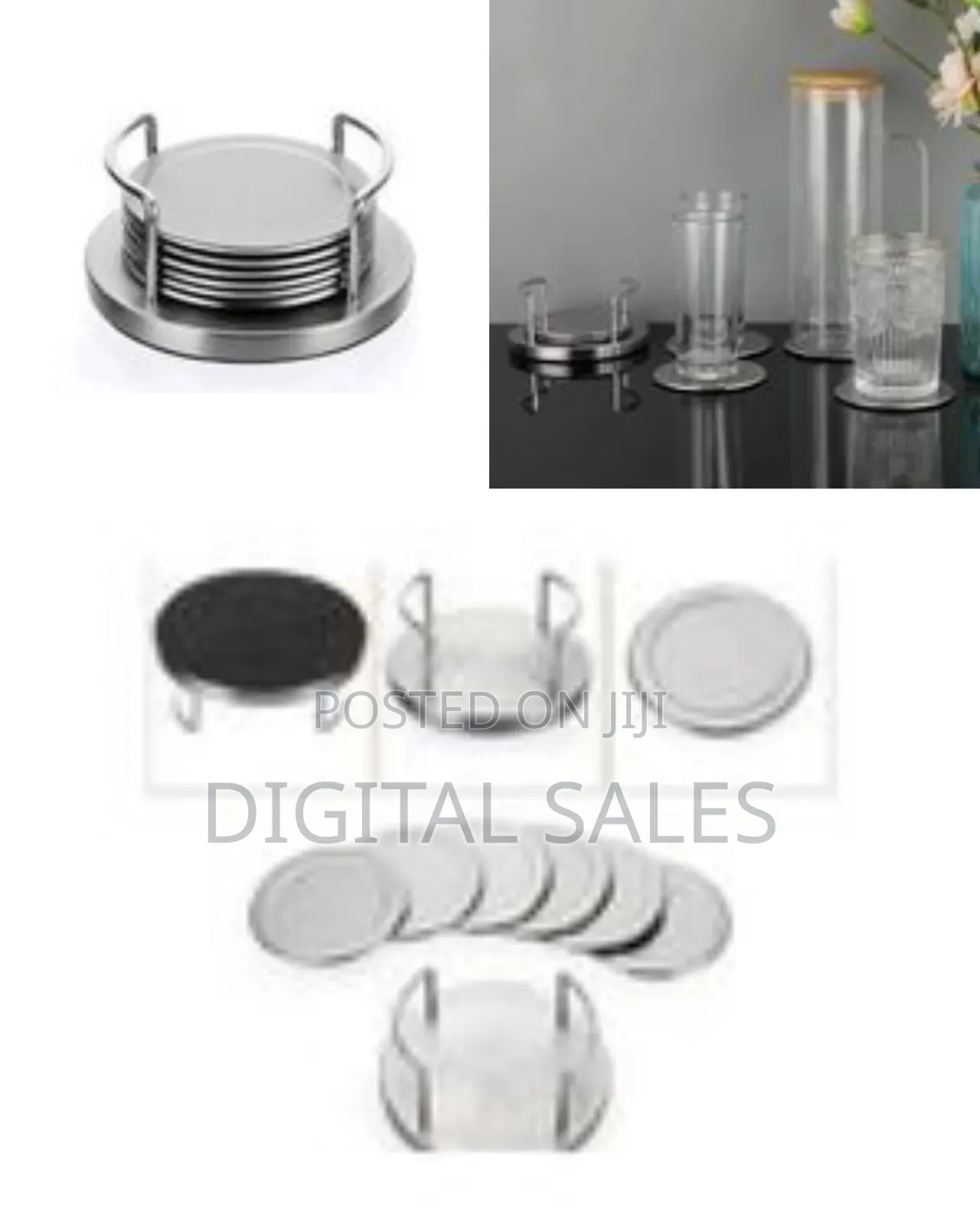 Set of 6 Stainless Steel Coasters With Matching Holder