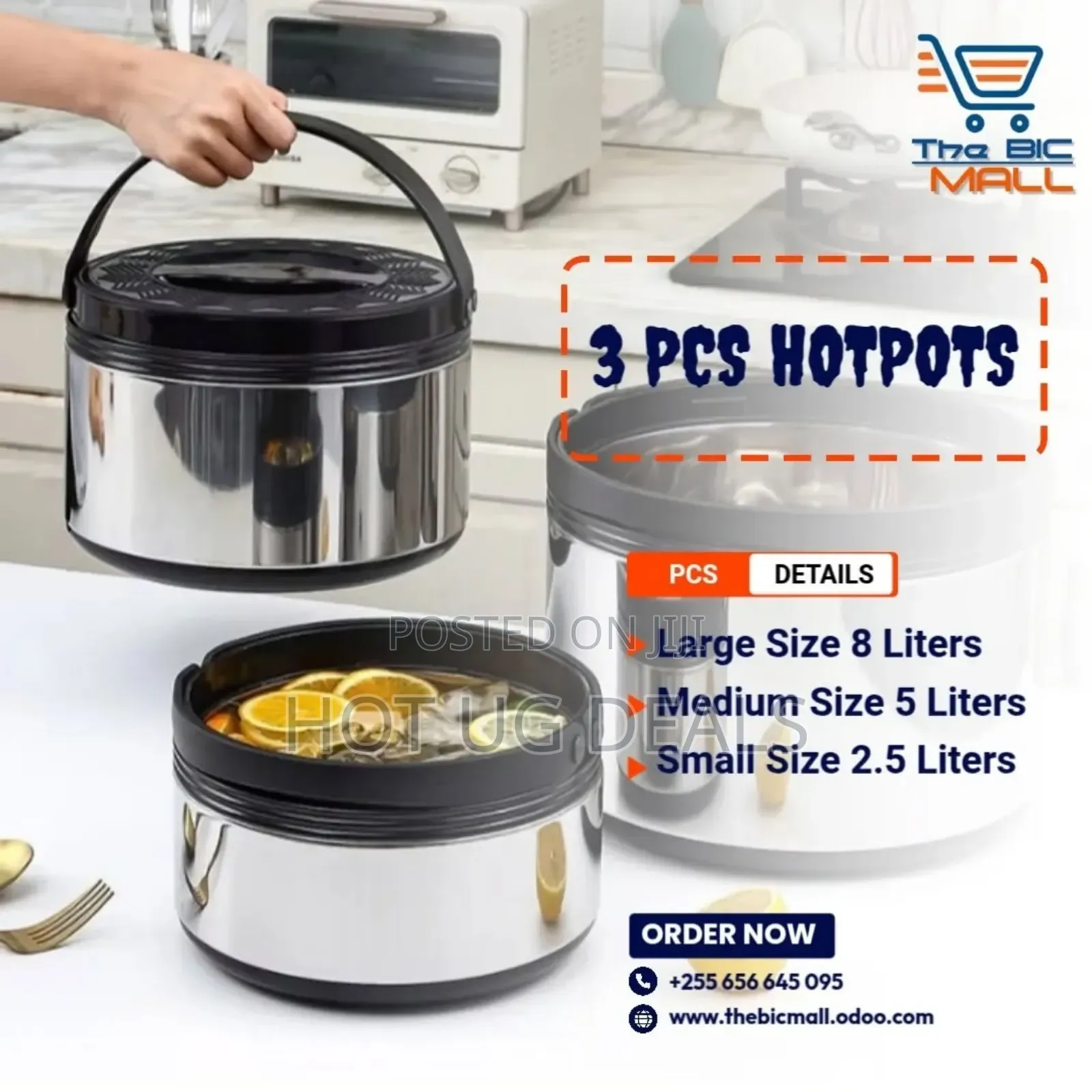 3pcs Stainless Steel Lunch Box Warmers 2.5l, 5l, 8l- Multicolor