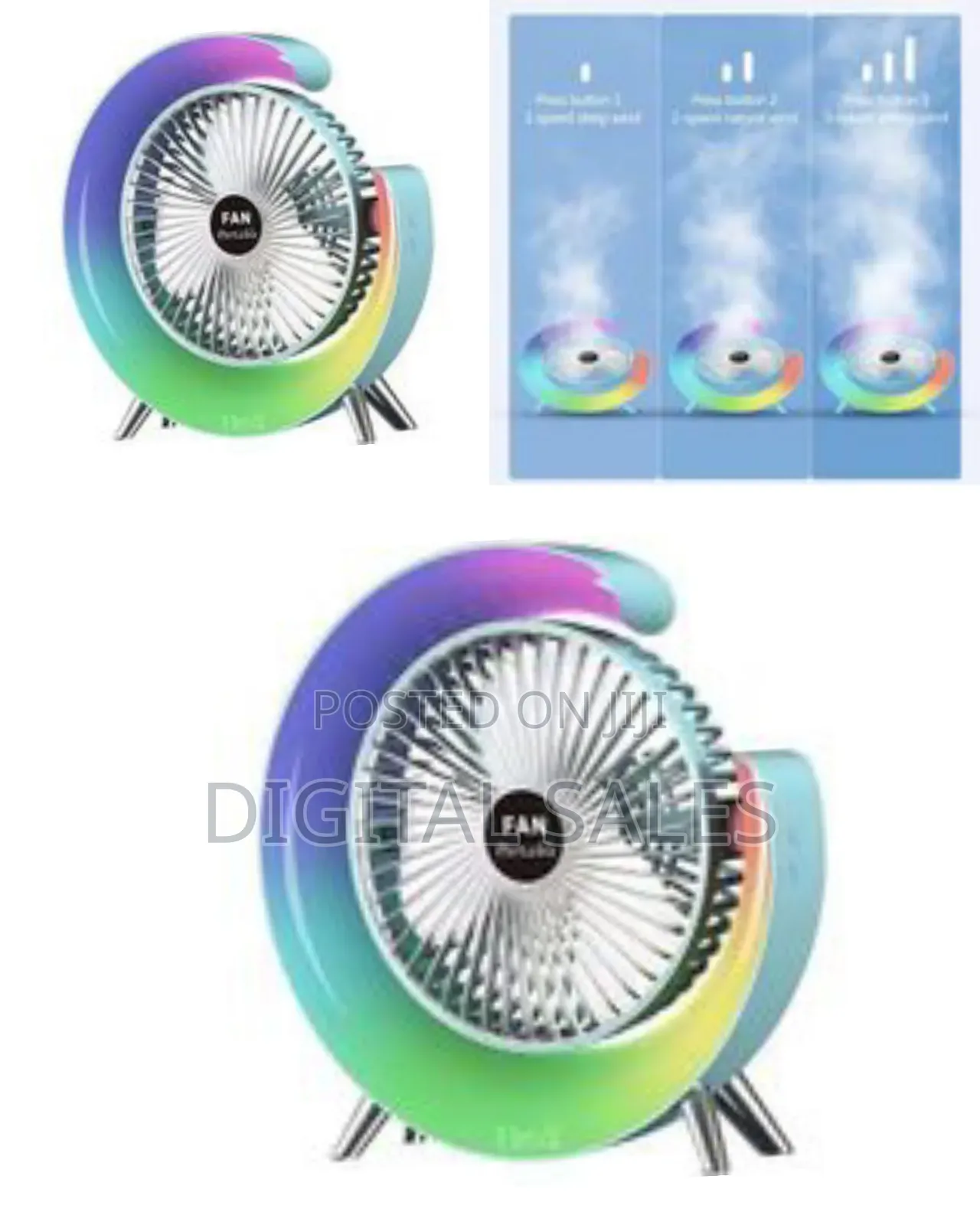 Portable Rechargeable Desk Fan With Rainbow Led Light and Crescen