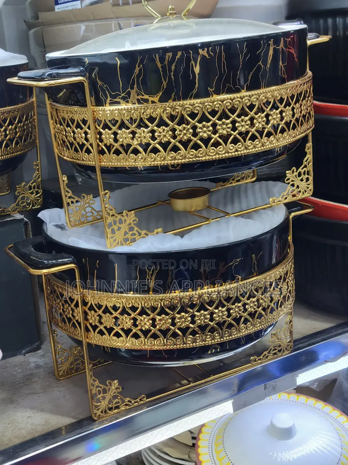 Luxury Double-tier Black Gold Chafing Dish Set With Glass Lids