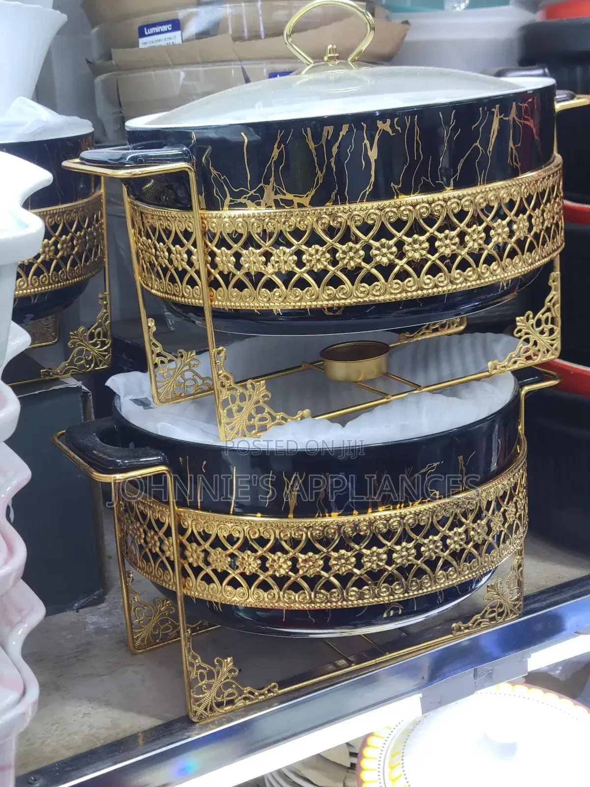 Luxury Double-tier Black Gold Chafing Dish Set With Glass Lids