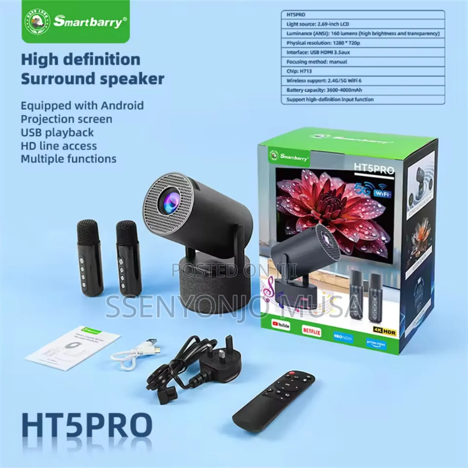 Smartbarry Ht5 Pro Mini Smart Projector | Android 11 | Native 720p