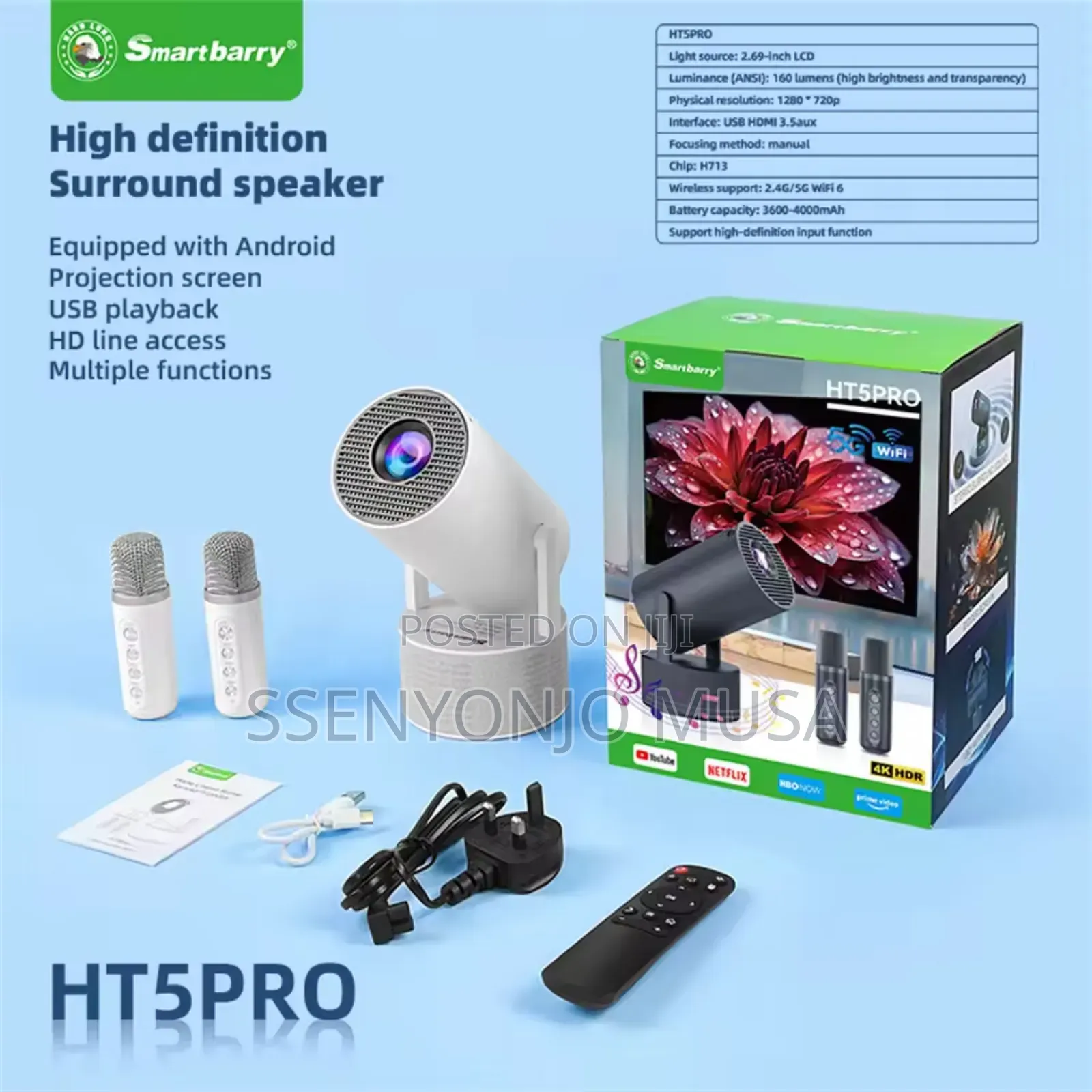 Smartbarry Ht5 Pro Mini Smart Projector | Android 11 | Native 720p