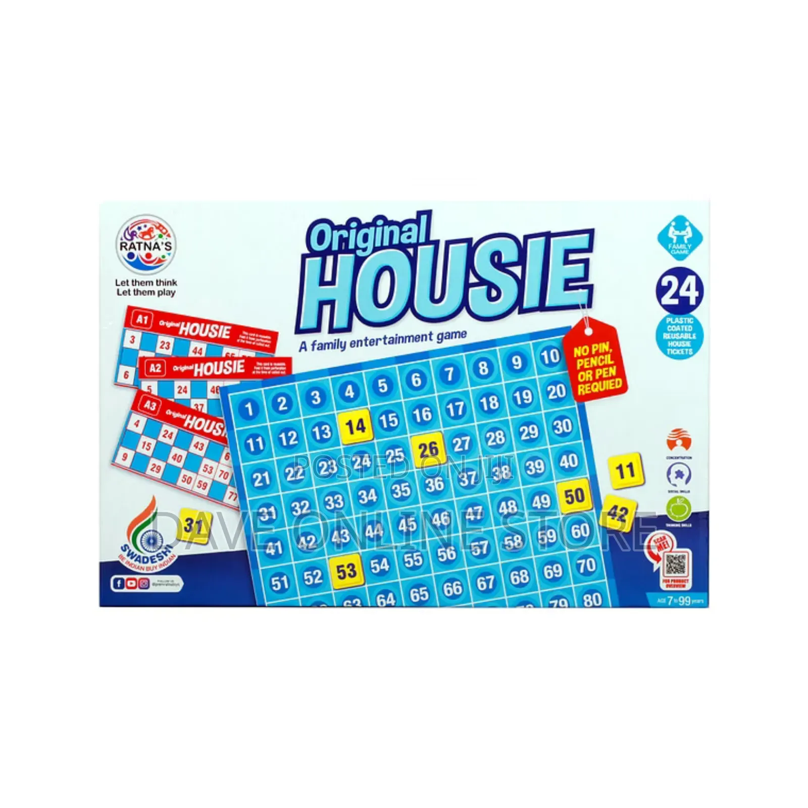 Ratna's Original Housie - Family Game With 24 Reusable Cards