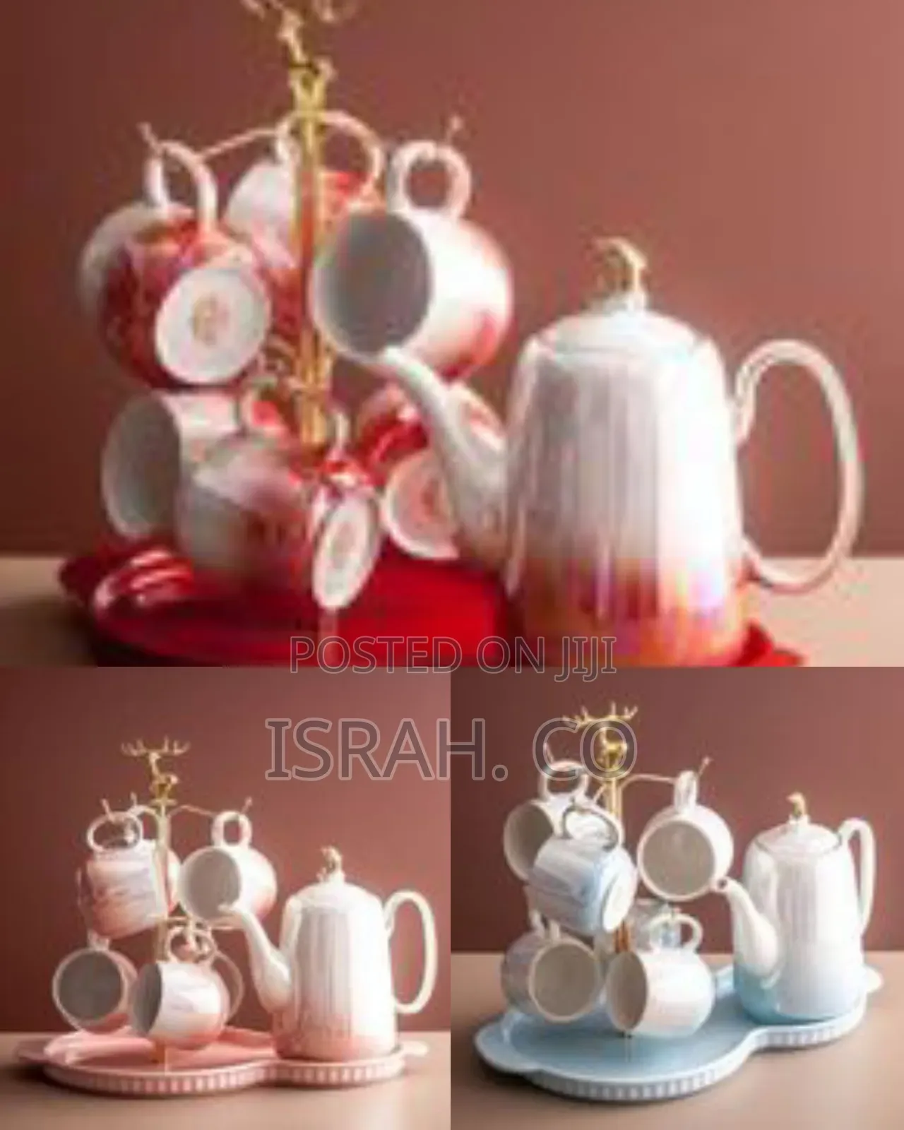 Iridescent Ceramic Tea Set With Decorative Golden Stand and Tray