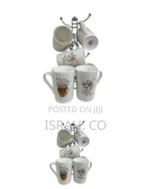 Decorative Ceramic Mug Set With Metal Stand (7-Piece Total)