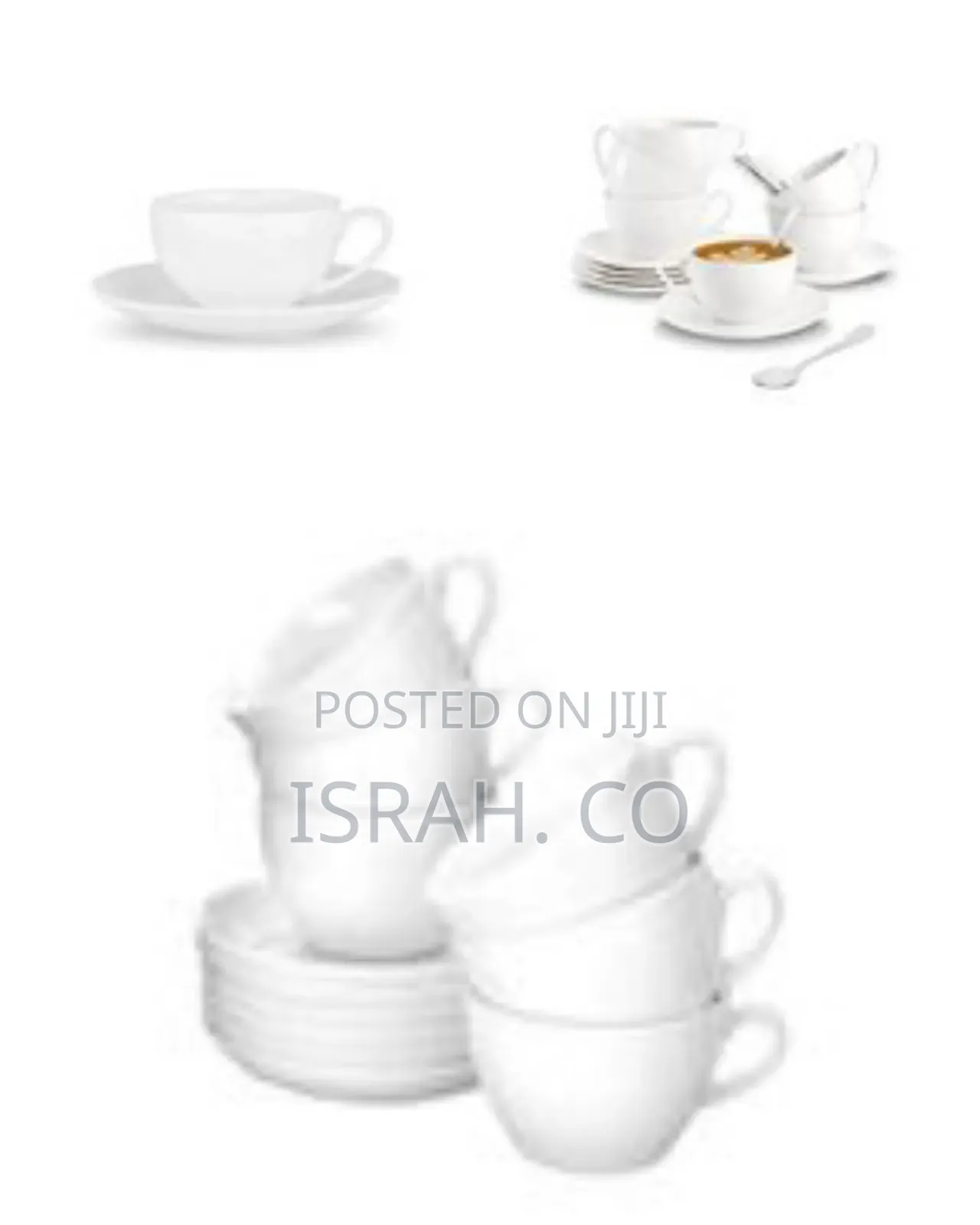 Set of 6 White Ceramic Coffee/Tea Cups, Saucers and Spoons