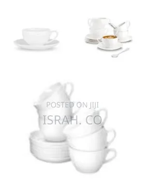Set of 6 White Ceramic Coffee/Tea Cups, Saucers and Spoons