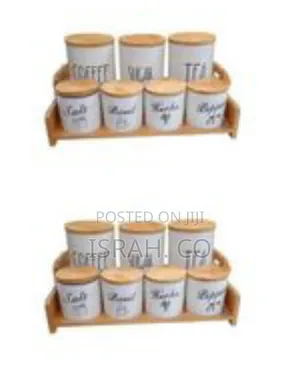 Ceramic Kitchen Canister Set With Wooden Lids and Serving Tray