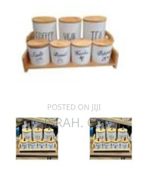 Ceramic Canister Set With Bamboo Lids and Stand