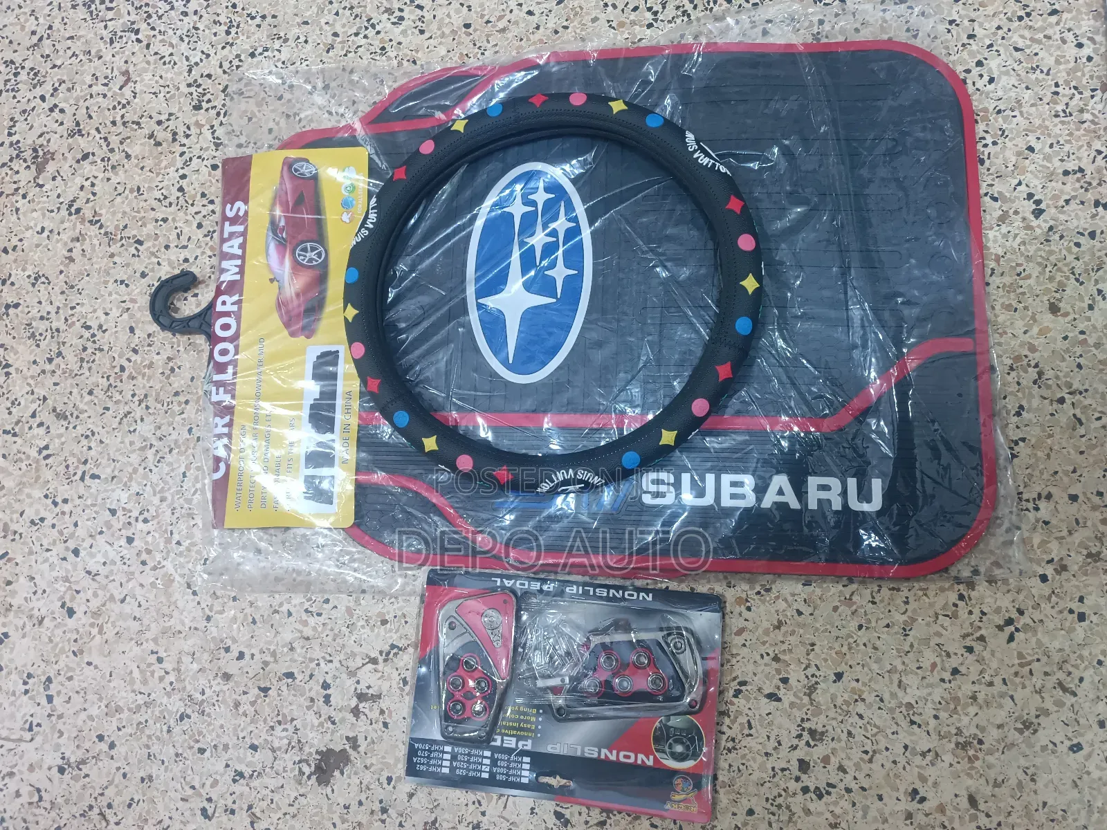 Combo of Pedals, Lv Steering Cover and Subaru Mats