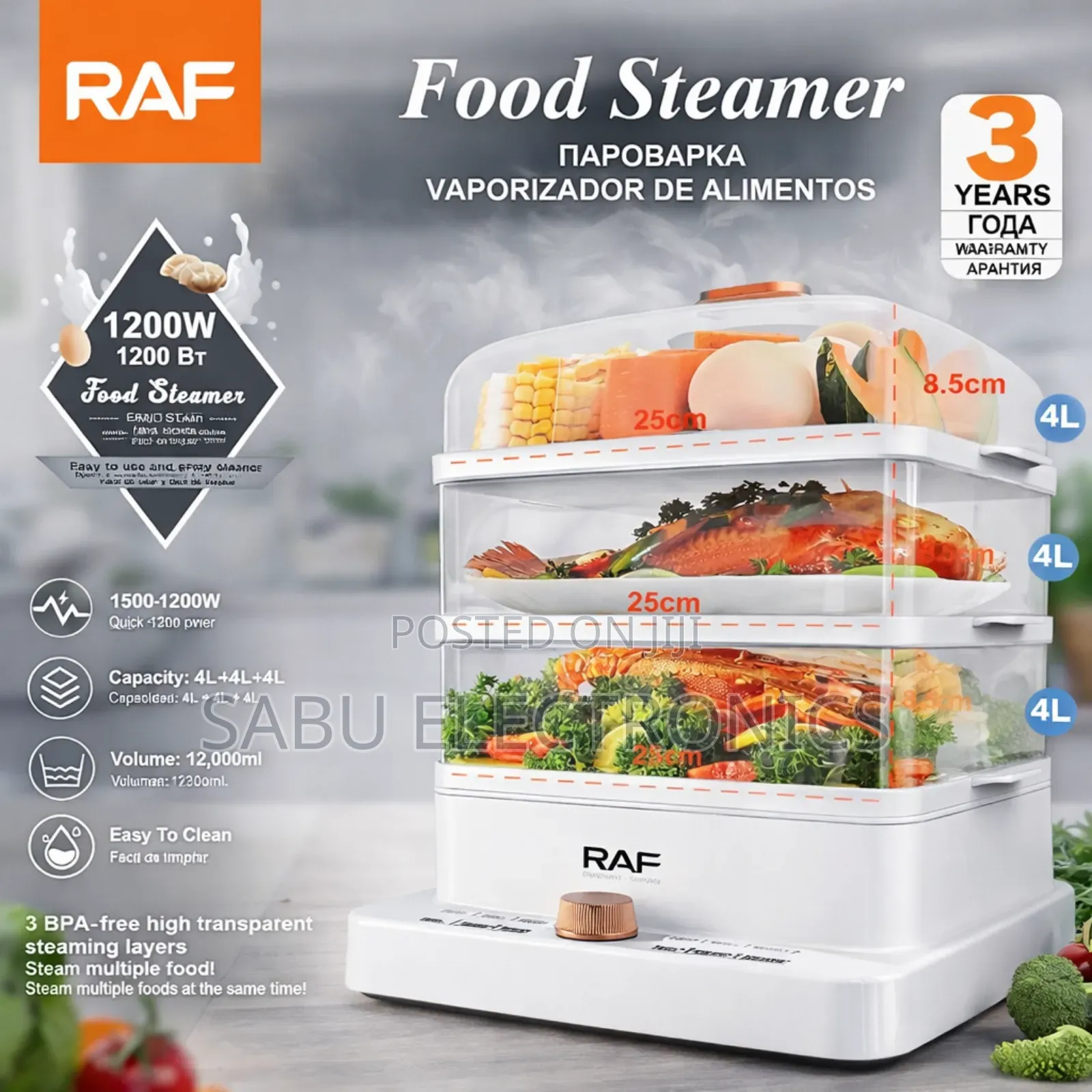 Raf 3-Tier Electric Food Steamer – 1200w Healthy Cooking
