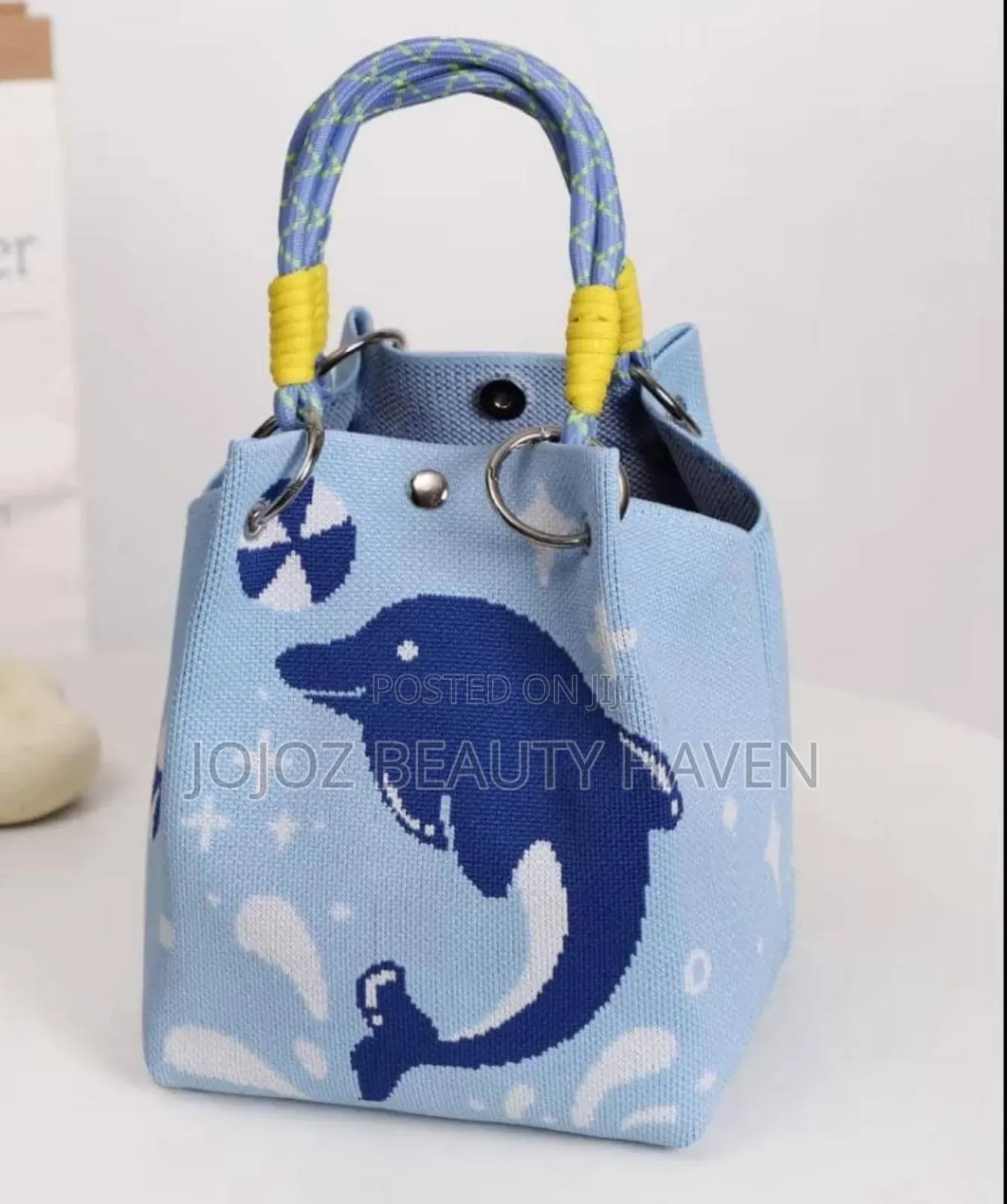 Blue Dolphin Motif Knitted Bucket Bag