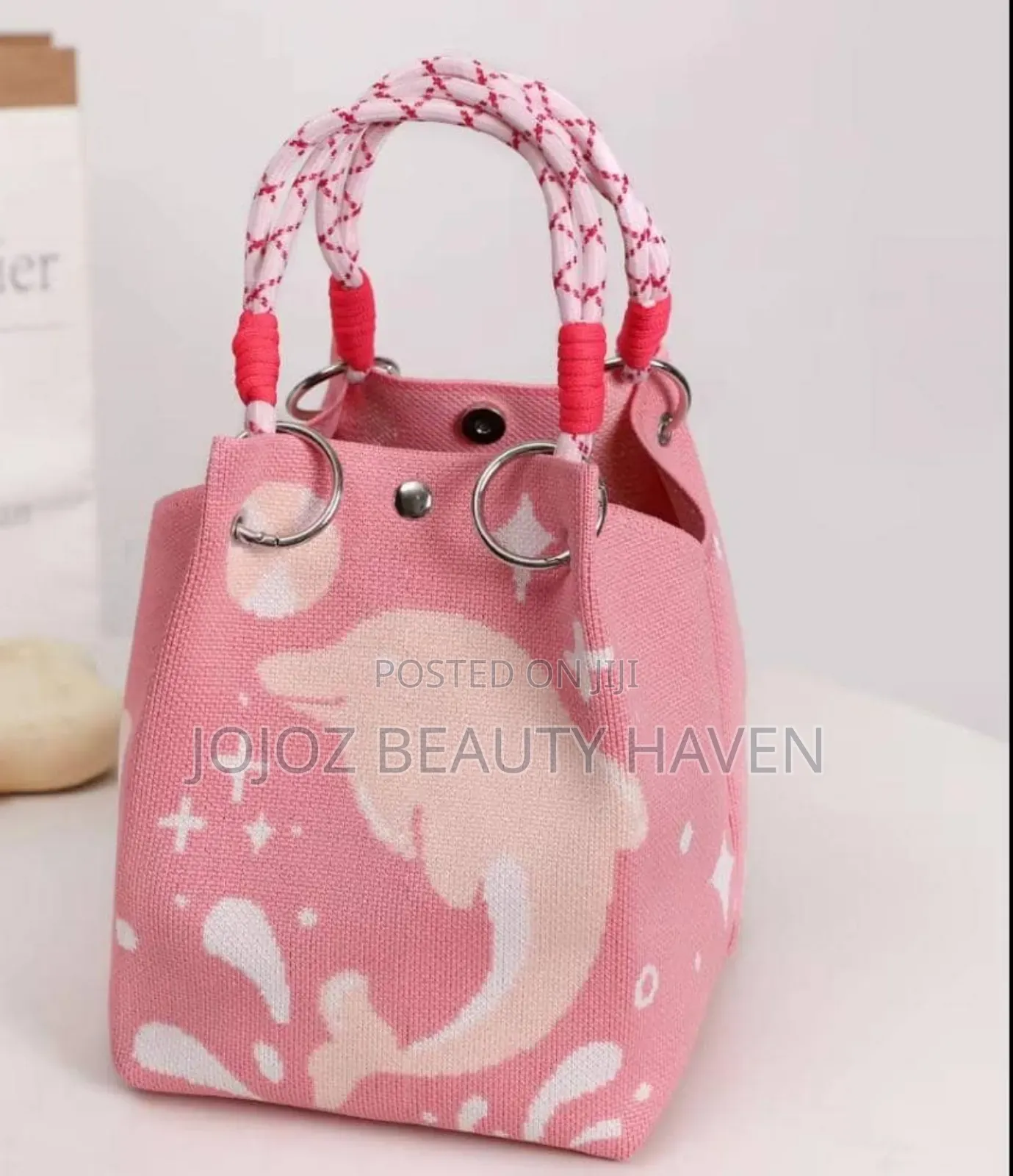 Small Pink Knitted or Canvas Bucket Bag White Dolphin