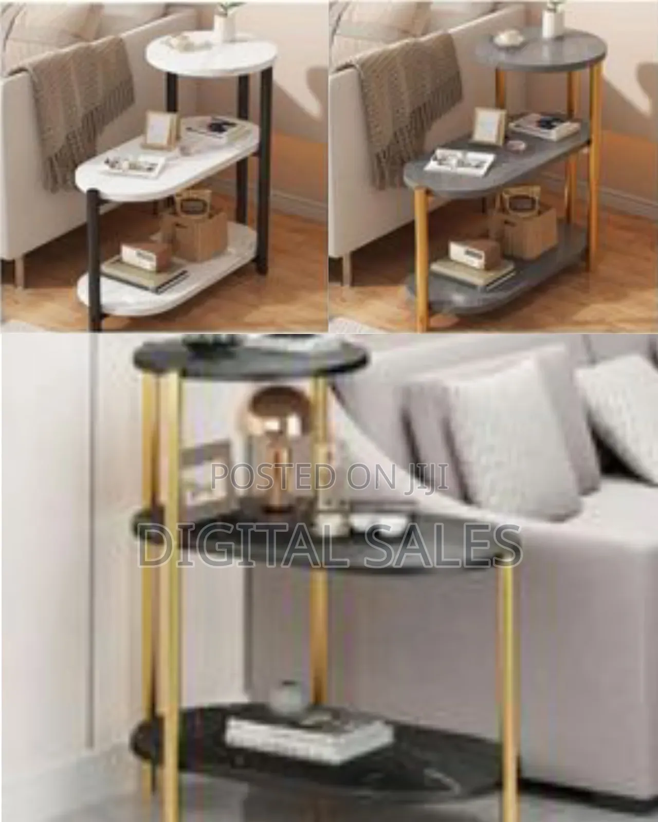 3-Tier Modern Oval Side Table / Display Shelf With Marble Finish