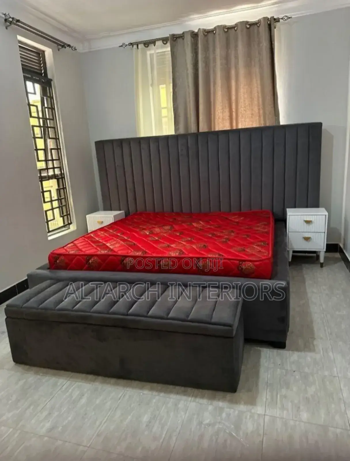 Dressed 5x6 Bed in Gray With Bedside Drawers and Ottoman