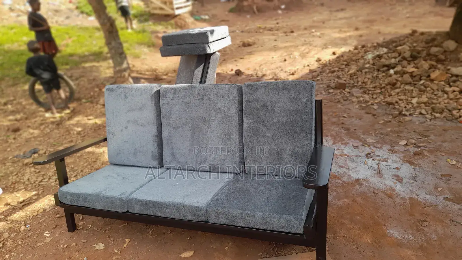 Wooden Sofa in Coffee Brown and Gray Seats Well Finished