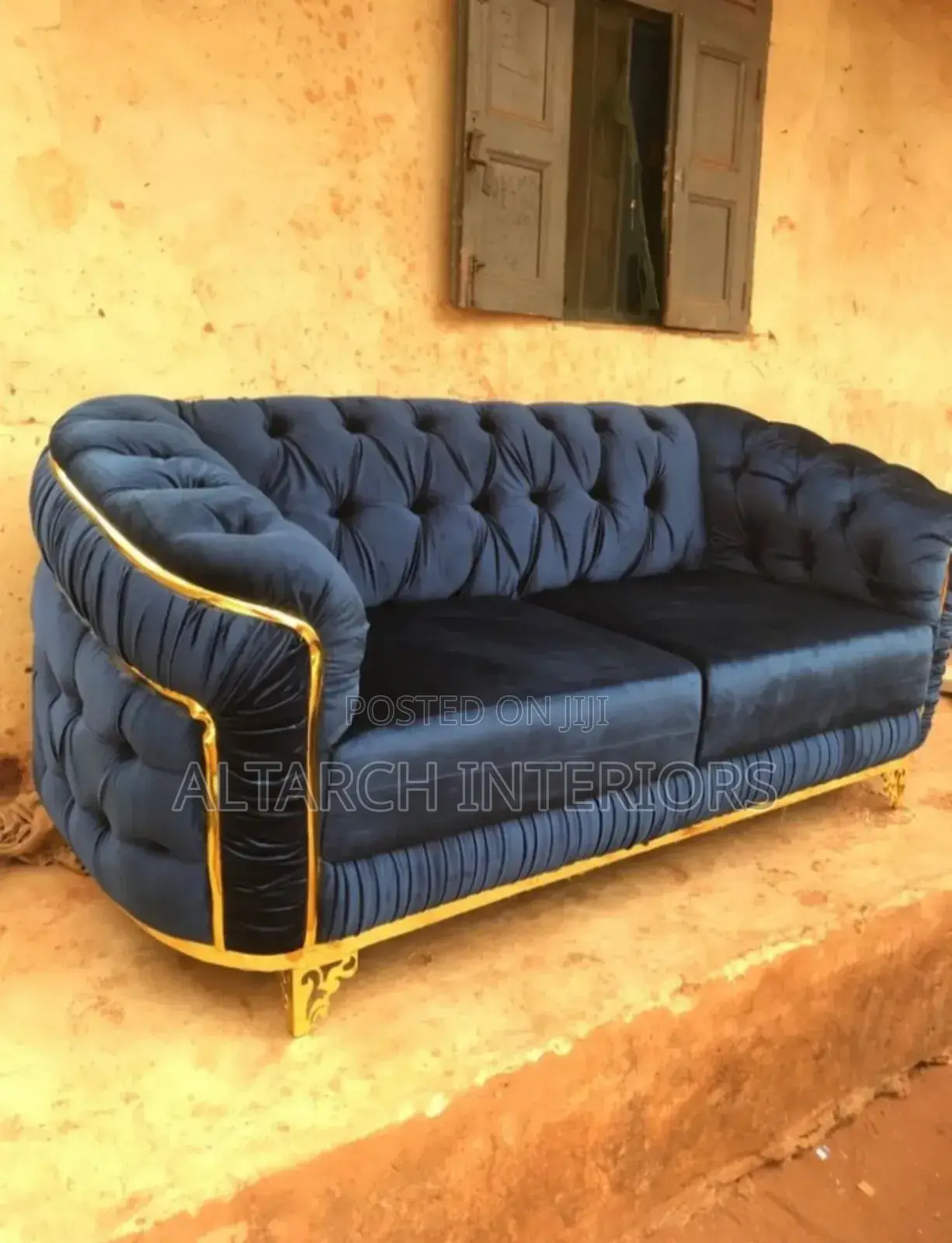 2 Seater Sofa in Gray Color and Golden Designs