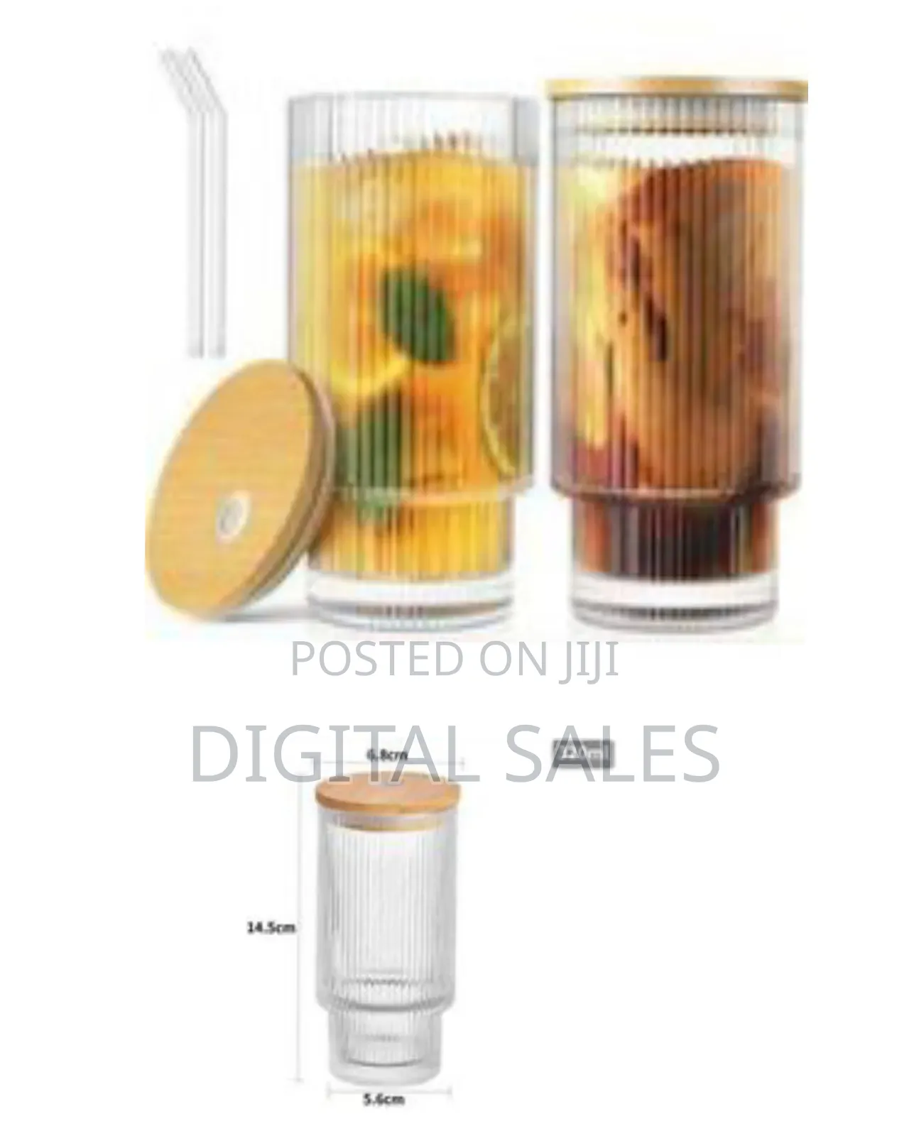 Ribbed Glass Drinking Tumbler Set With Bamboo Lids and Straws, 320ml