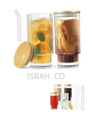 Ribbed Glass Drinking Tumbler Set With Bamboo Lids and Straws, 320ml