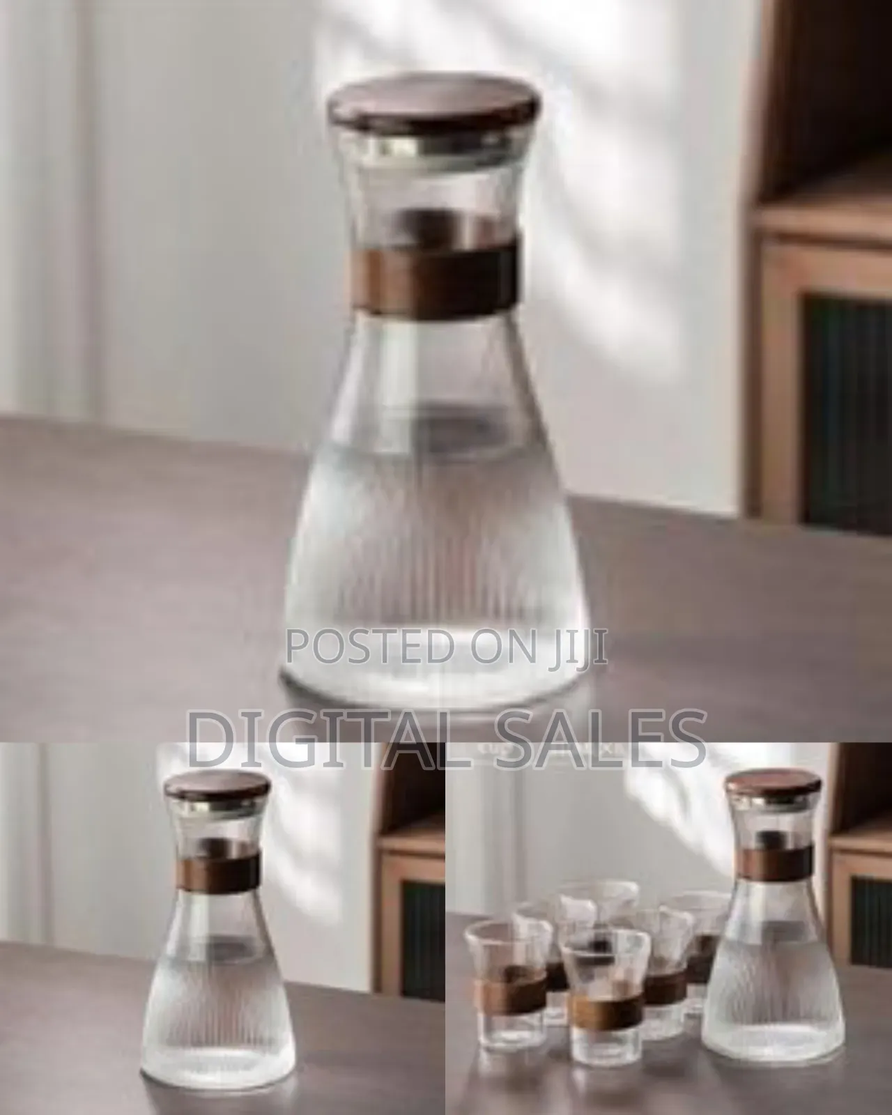 Elegant Ribbed Glass Carafe Tumbler Set With Wooden