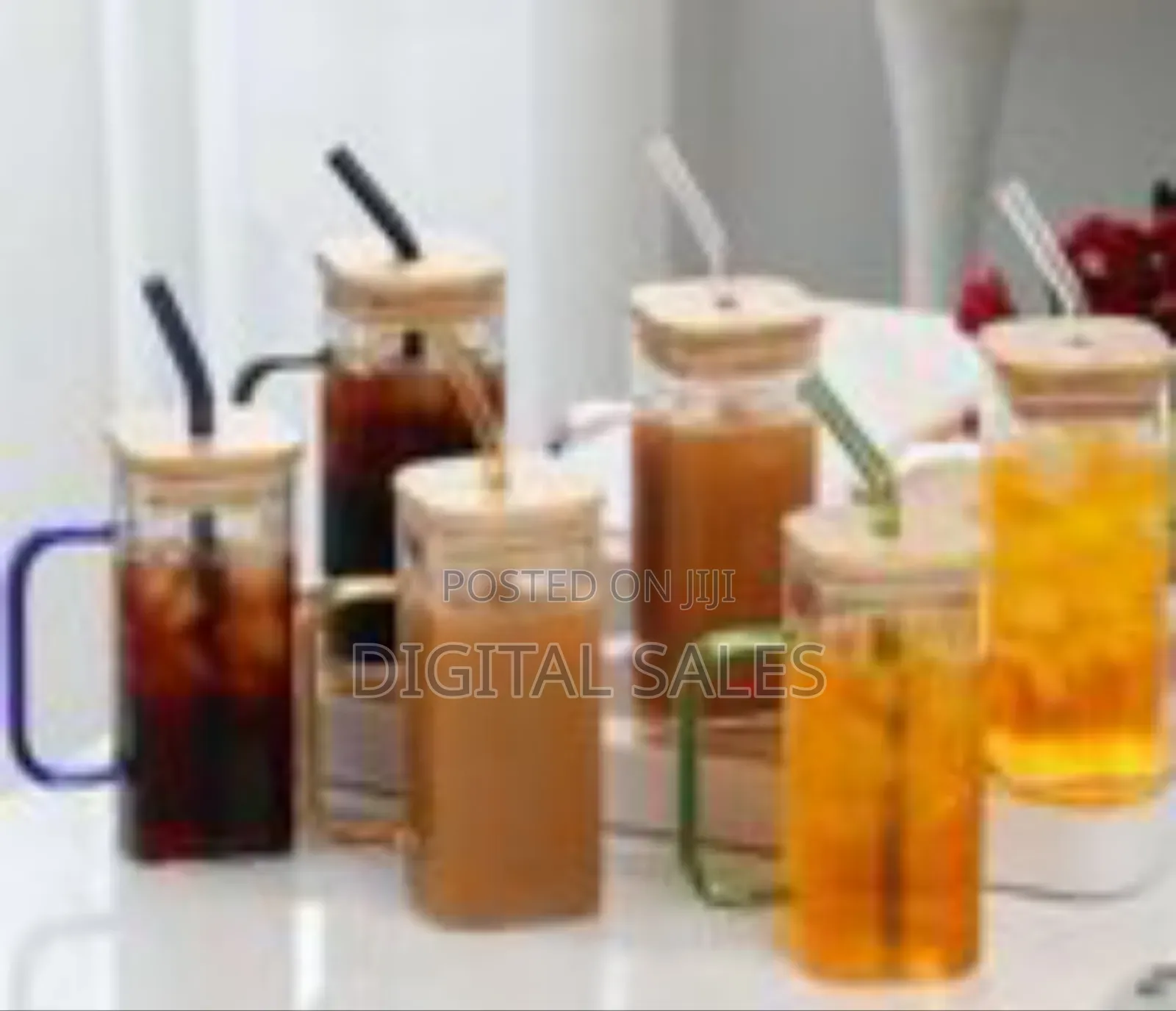 Modern Square Glass Mug Set With Bamboo Lids and Colored Handles