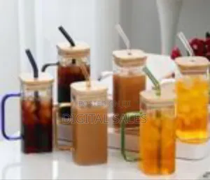 Modern Square Glass Mug Set With Bamboo Lids and Colored Handles