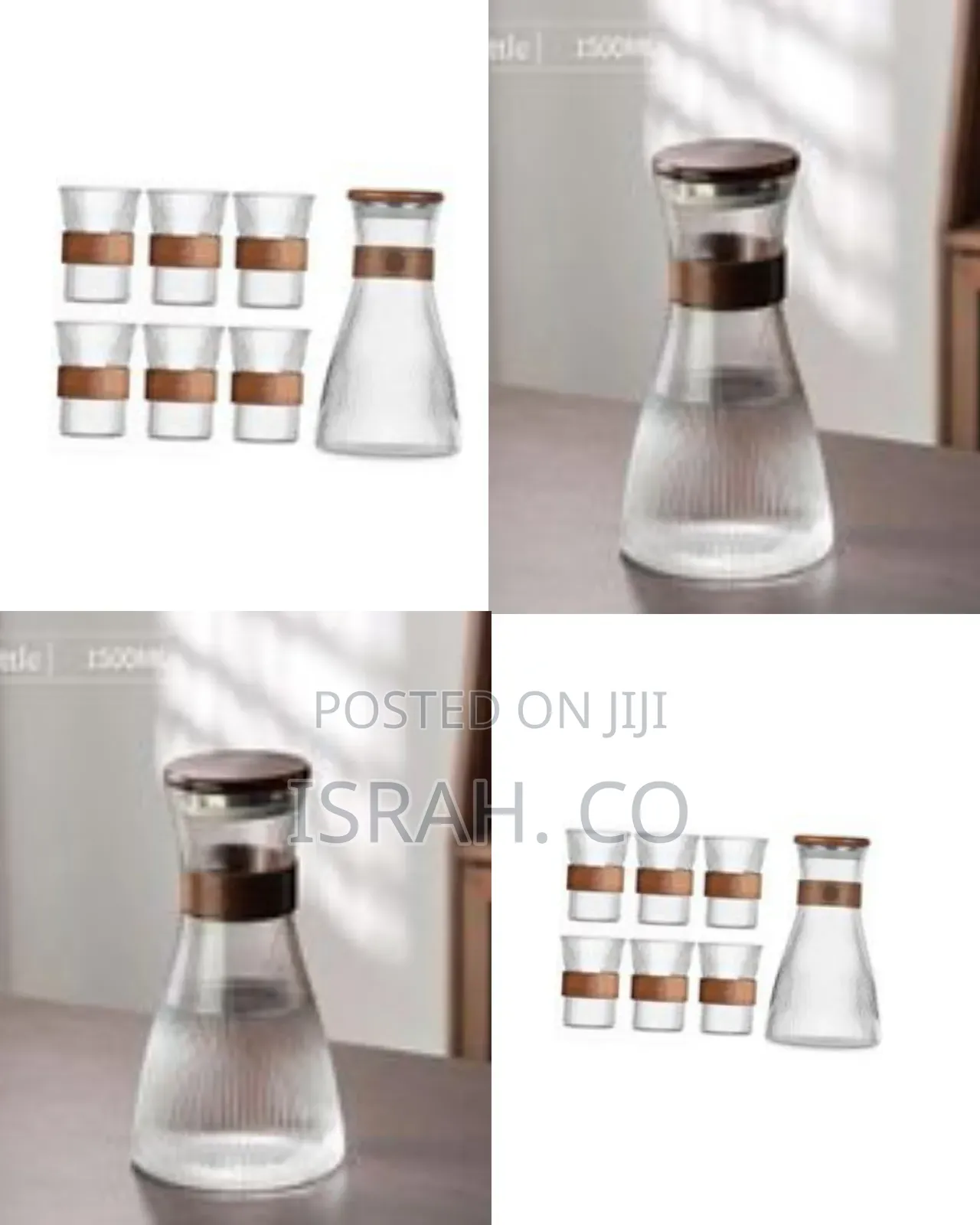 Elegant Ribbed Glass Carafe Tumbler Set With Wooden