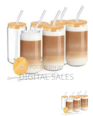 Set of 6 Clear Glass Can- Drinking Glasses With Bamboo Lids Straws