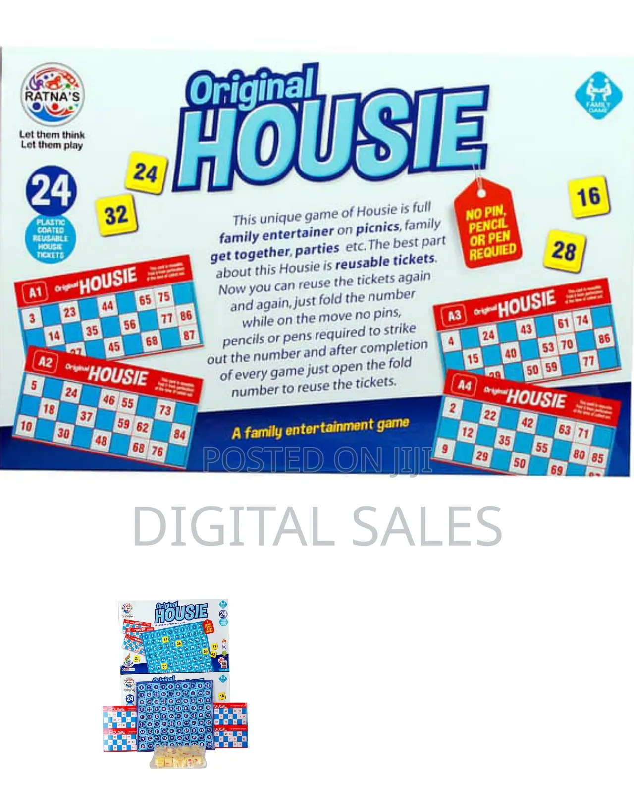 Ratna's Original Housie - Family Game With 24 Reusable Cards.