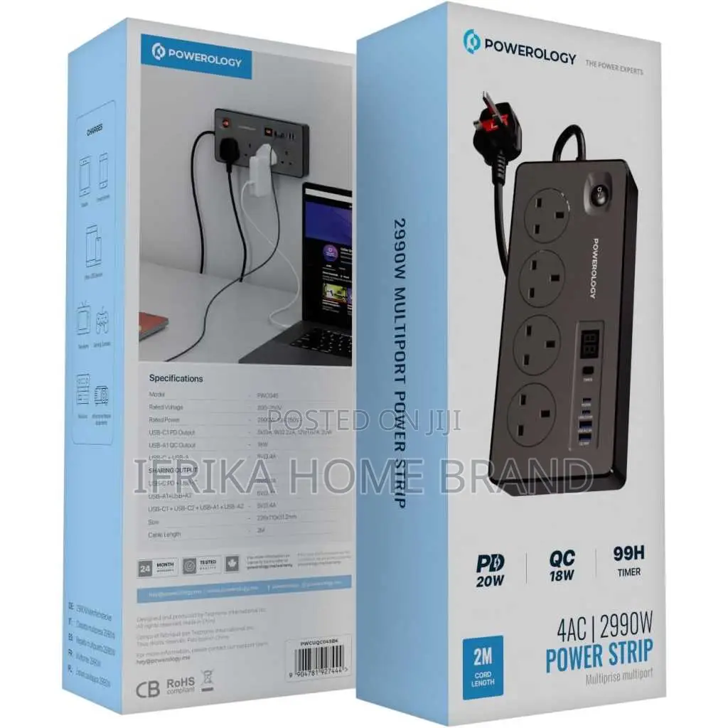 Powerology 6ac 2990w Power Strip. Wall Mount Extension.
