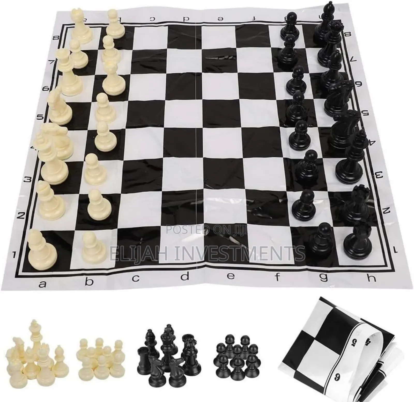 Portable Roll-Up Chess Set With Plastic Pieces.