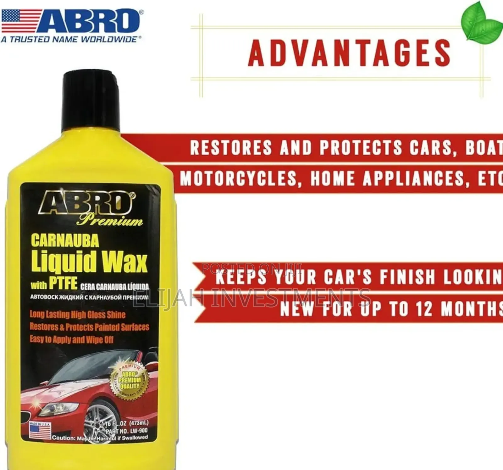 Abro Premium Carnauba Car Liquid Wax With Ptfe