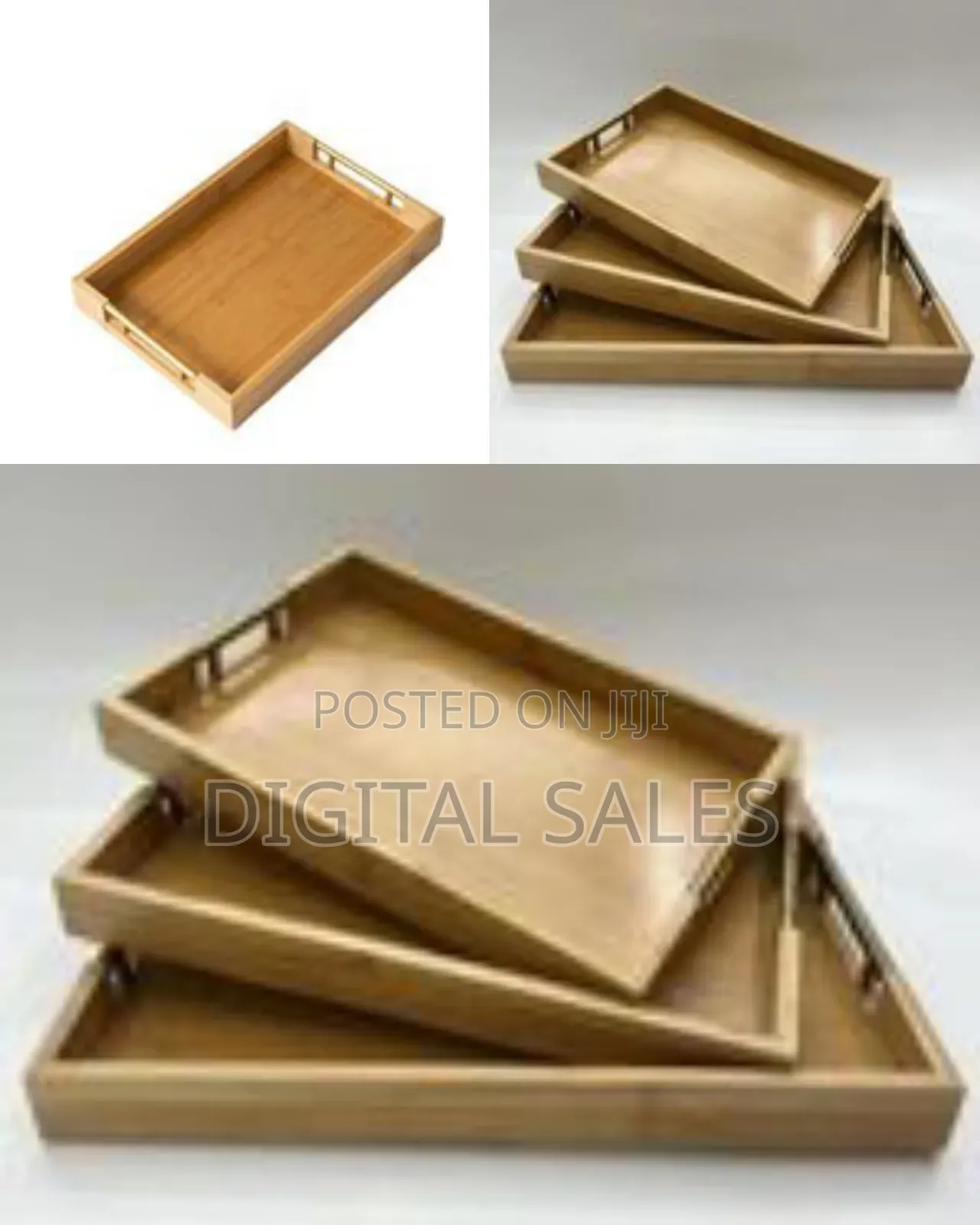 Elegant Bamboo Serving Tray Set With Metal Handles (Set of 3)